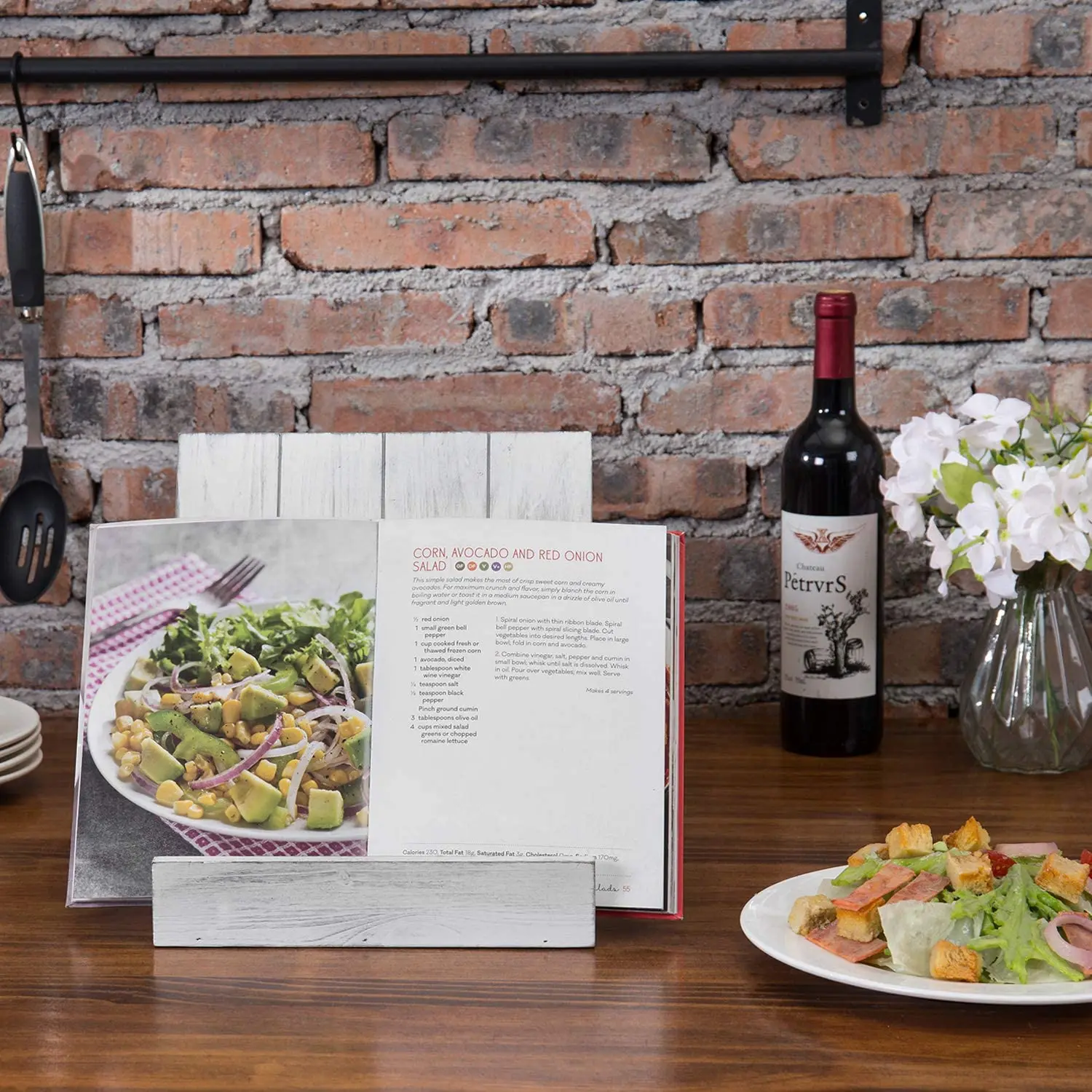 
Farmhouse Style Distressed Vintage White Wood Kitchen Cookbook Holder Stand with Folding Kickstand 