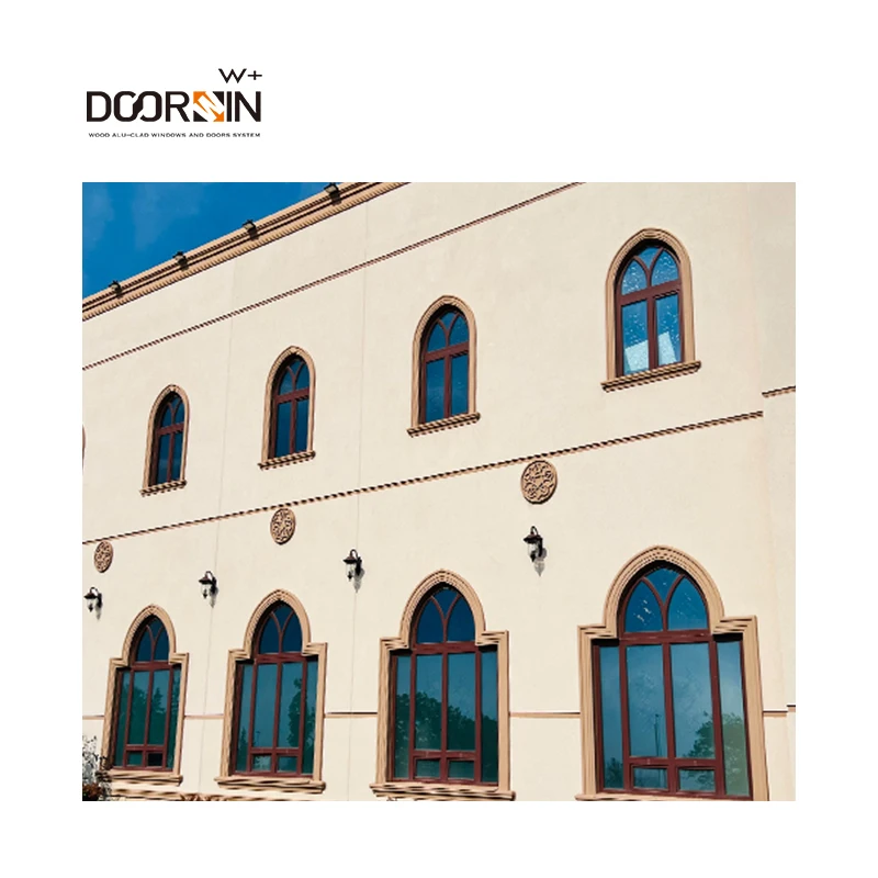NFRC Certified Modern Wooden Windows For House Security Windproof Special Shapes Arch Top Grid Line Fixed Windows