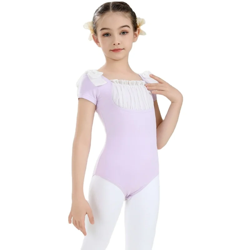 Hot Sale Cotton Spandex Kids Girls Children Short Sleeve Dance Leotards  Mesh Dance Skirts Ballet Leotards Skirt