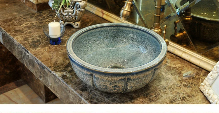 China Painting Ceramic Painting Art Porcelain Bathroom Vessel Sinks Round blue above countertop wash basin Antique Hotel Basin