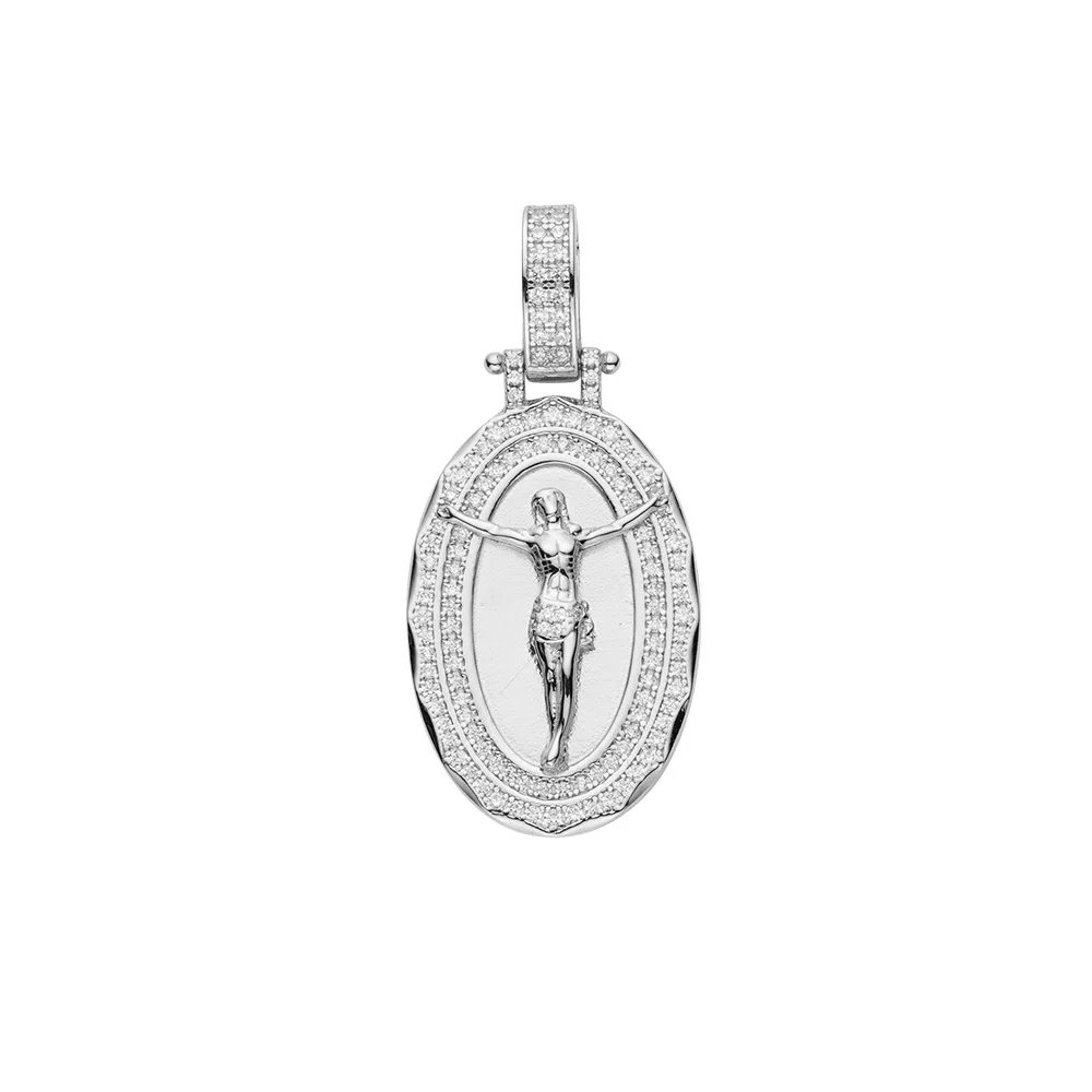 2024 High Quality Hip Hop Jewelry Pure Silver Iced Out Bling Clear Zircon 14 K Gold Plated Jesus Oval Medallion Pendant