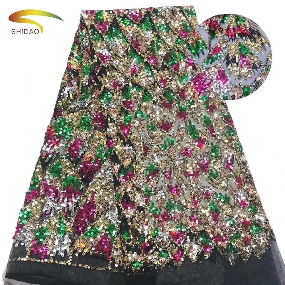 wholesale high quality polyester lace embroidery  fish scale colorfu sequins fabric