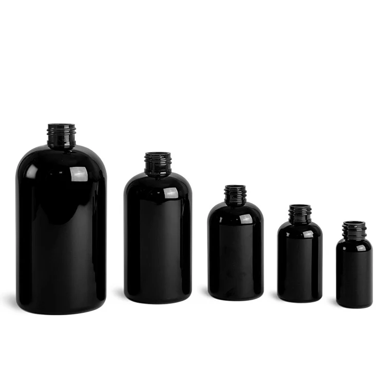 Opaque black boston round shampoo bottle with different caps