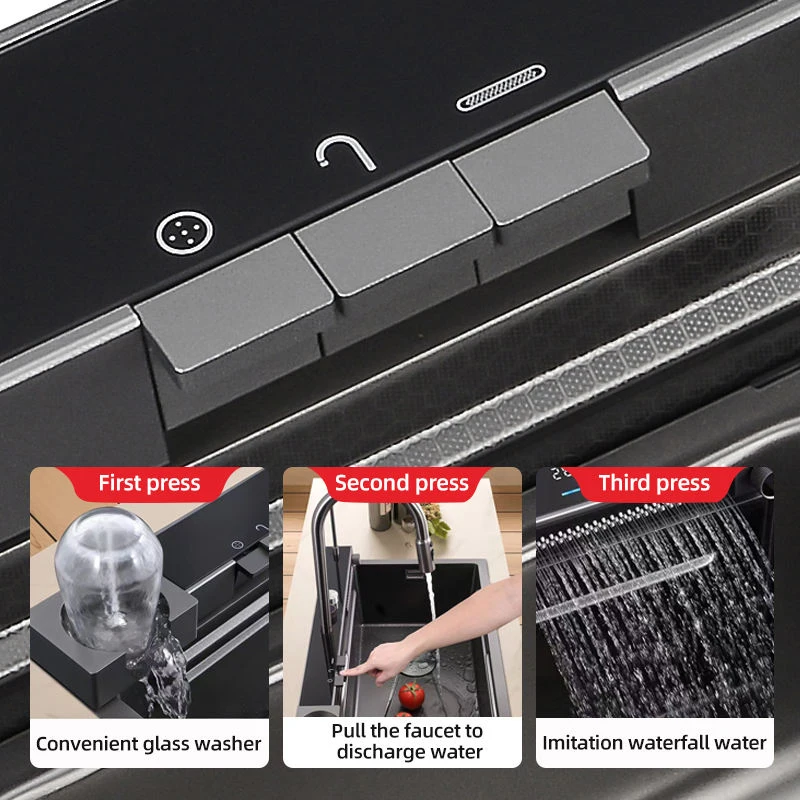 Kitchen Sink Single Bowl Handmade Sink Anti-Scratch Waterfall Faucet with Cup Washer and Digital Display