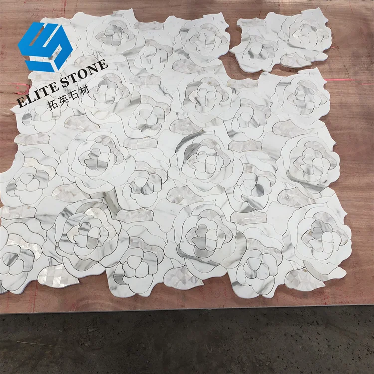 waterjet cut white marble mosaic tiles flower pattern stone mosaic for bathroom wall design