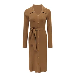 Custom Dress Manufacturer Women V Neck Long Sleeve Bodycon Sweater Dress Button Up Tie Waist Ribbed Knit Midi Shirt Dress