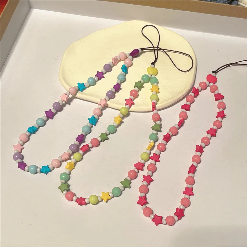 Bohemian acrylic star beaded mobile phone lanyard acrylic mobile phone chain for women