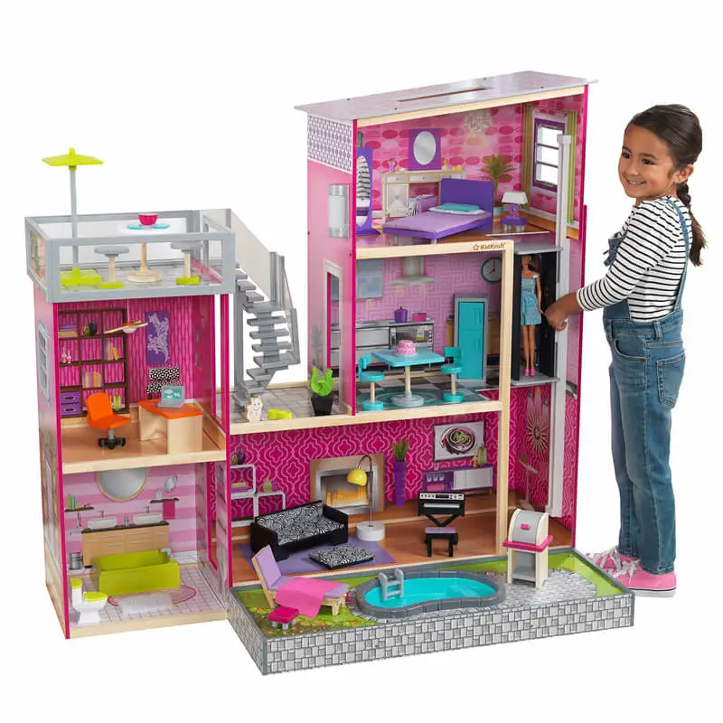 Cheap price wooden make up toy set play house 4 storeys wooden toy doll house with 24pcs mini furnitures