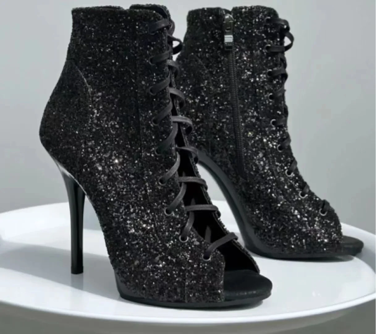 Black 10cm Latin shoes Sequins with high heel hollow out ankle dance boots jazz dance Tango high heels sandals