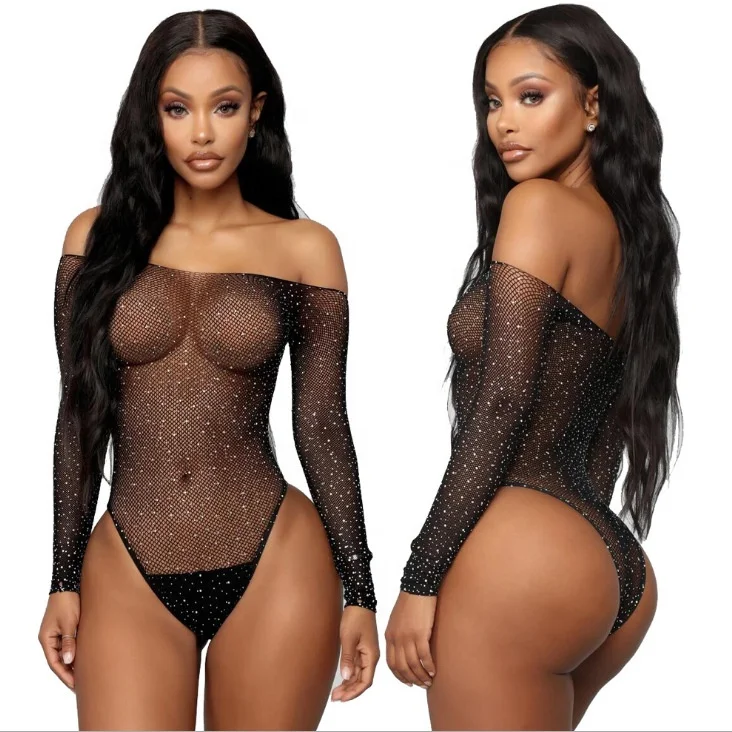 See Through Temptation Bodysuit Sheer Mesh Femme Hot Transparent Shiny Sequin Fishnet Women Rhinestone underwear Sexy Lingerie