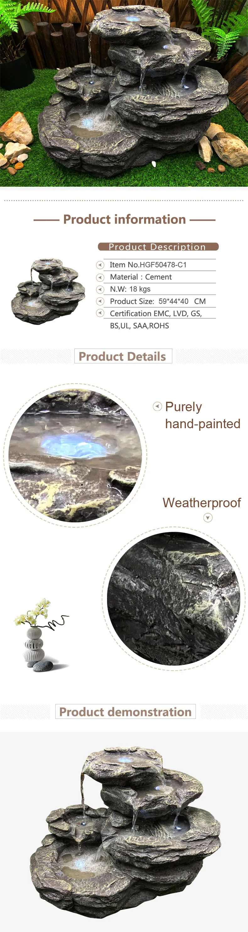 Cement Fiberglass Outdoor Electric Tiered Stone Waterfall water feature  with LED Light