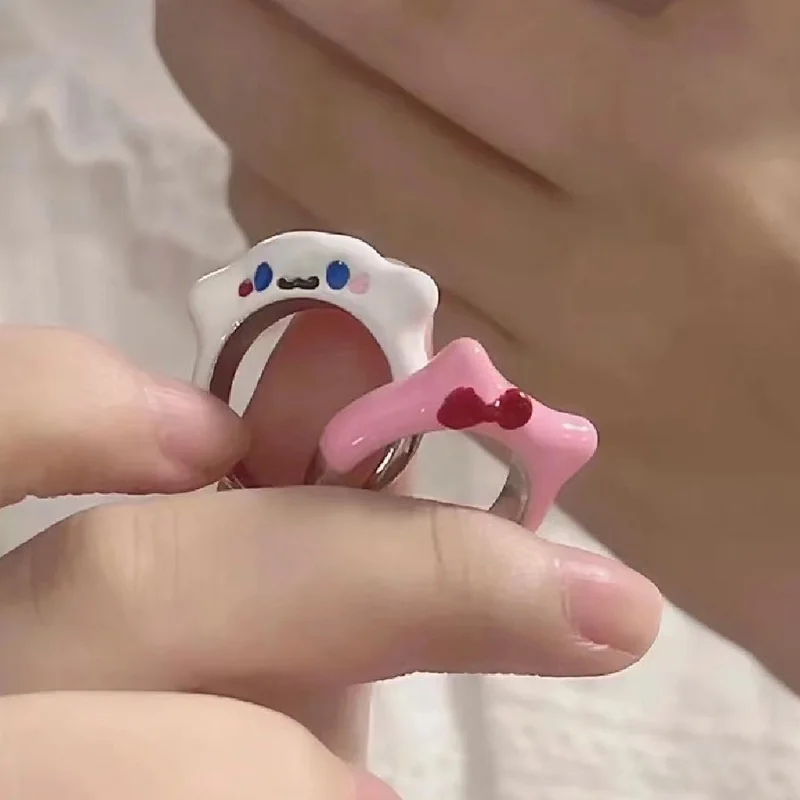 Cute Sanrio Opening Couple Rings for Women Girls Pink Hello Kitty White Pochacco Cartoon Ring Bestie Gifts Jewelry