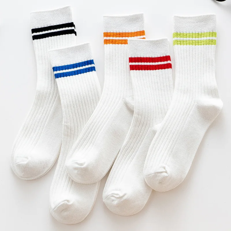Socks Autumn and Winter Double Needle Striped Medium Tube Socks Rib Two Bars White Neutral Couple Stockings Cotton Socks