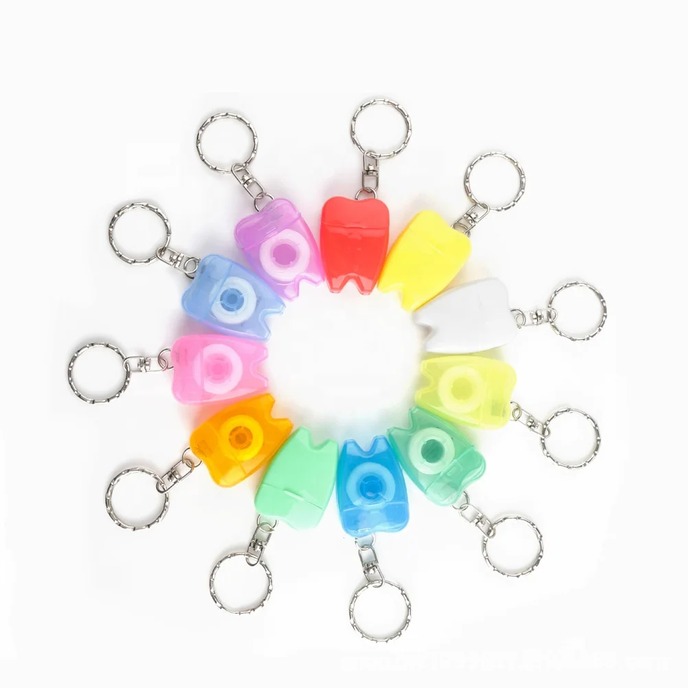 Custom Logo Colorful Waxed Tooth Shape Mini Dental Floss Keychain