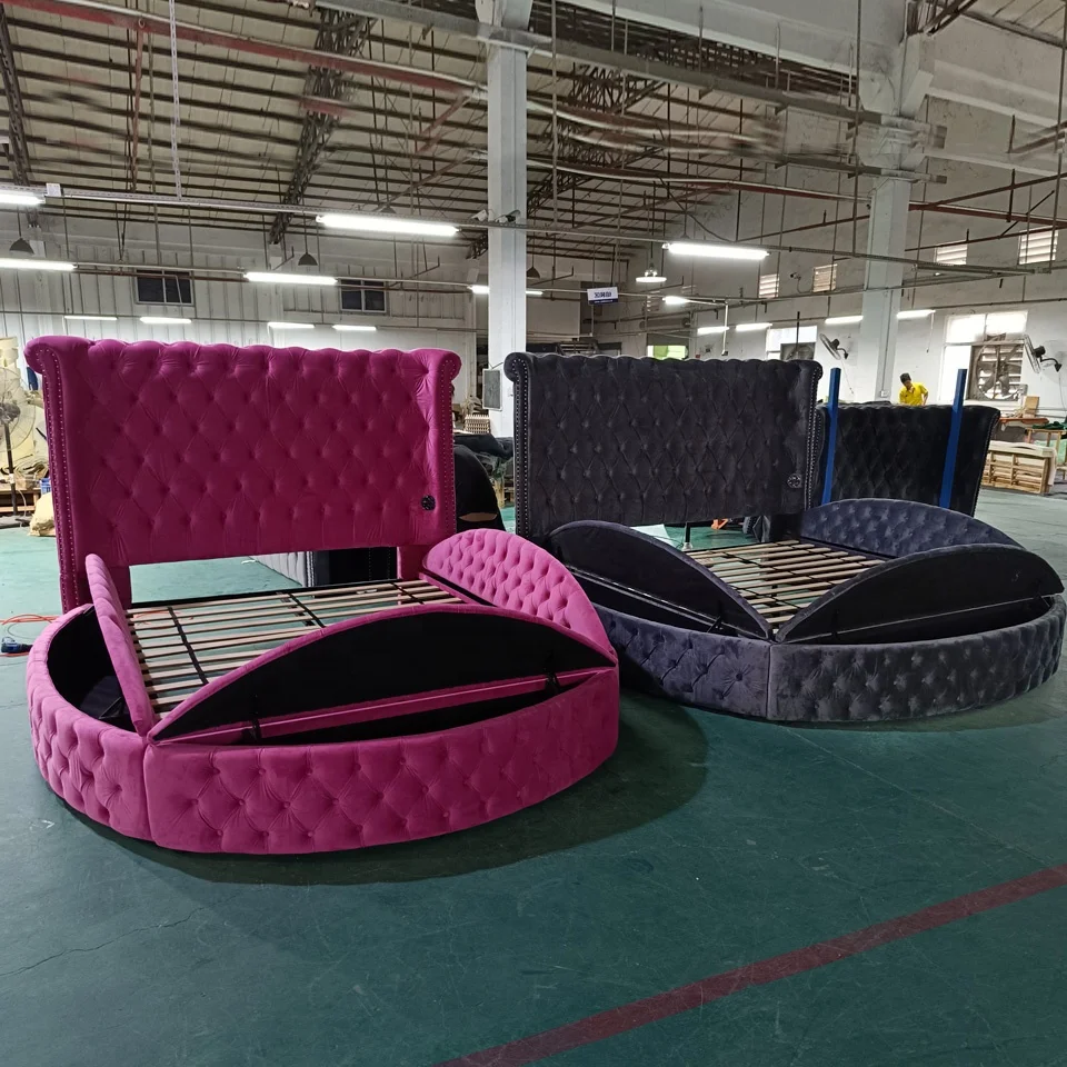 Luxury Design For Bedroom Furniture Soft Grey Velvet Upholstered Circle Bed California King Size Bed With Storage Bed Frame