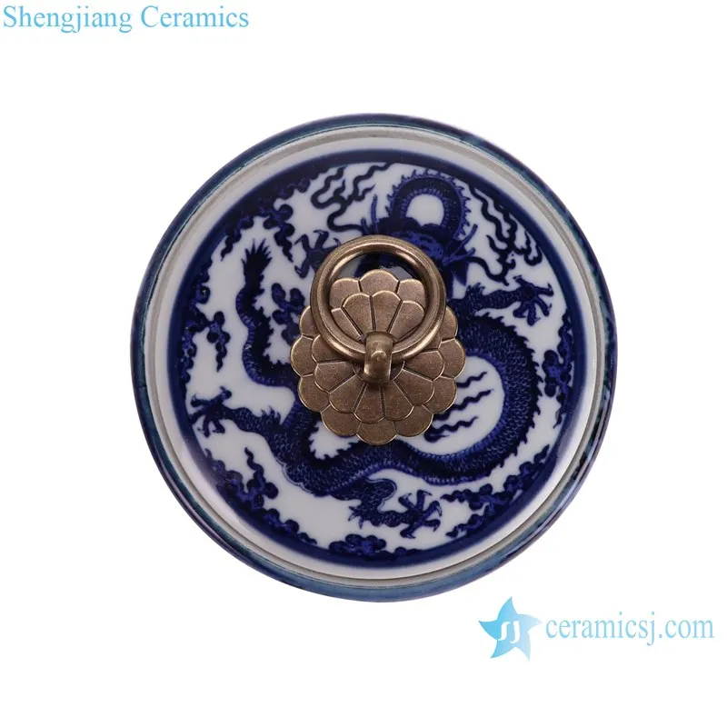 RZNV50-B-S-M-L-XL Chinese handmade blue and white porcelain dragon pattern copper ring cover ceramic tea storage jar