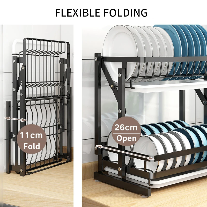 2 Tier Collapsible Dish Drying Rack Folding Plate Holder Dishes Drainer Dryer Organizers with Drainboard for Kitchen Counter