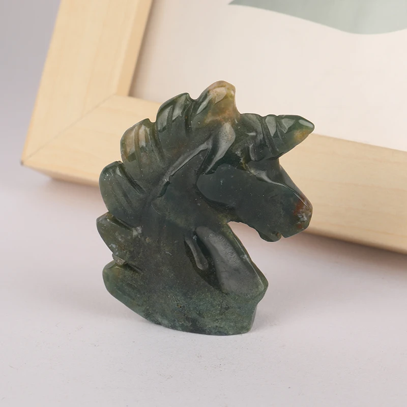 Hot Sale Moss Agate Animal Carving Small Unicorn Natural Crystal Stone Horse Head Figurine