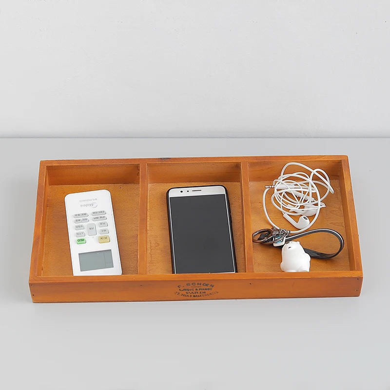 Ready to ship wholesale retro style 3 grid wooden pallet home office desktop sundries organizer storage box trays for serving