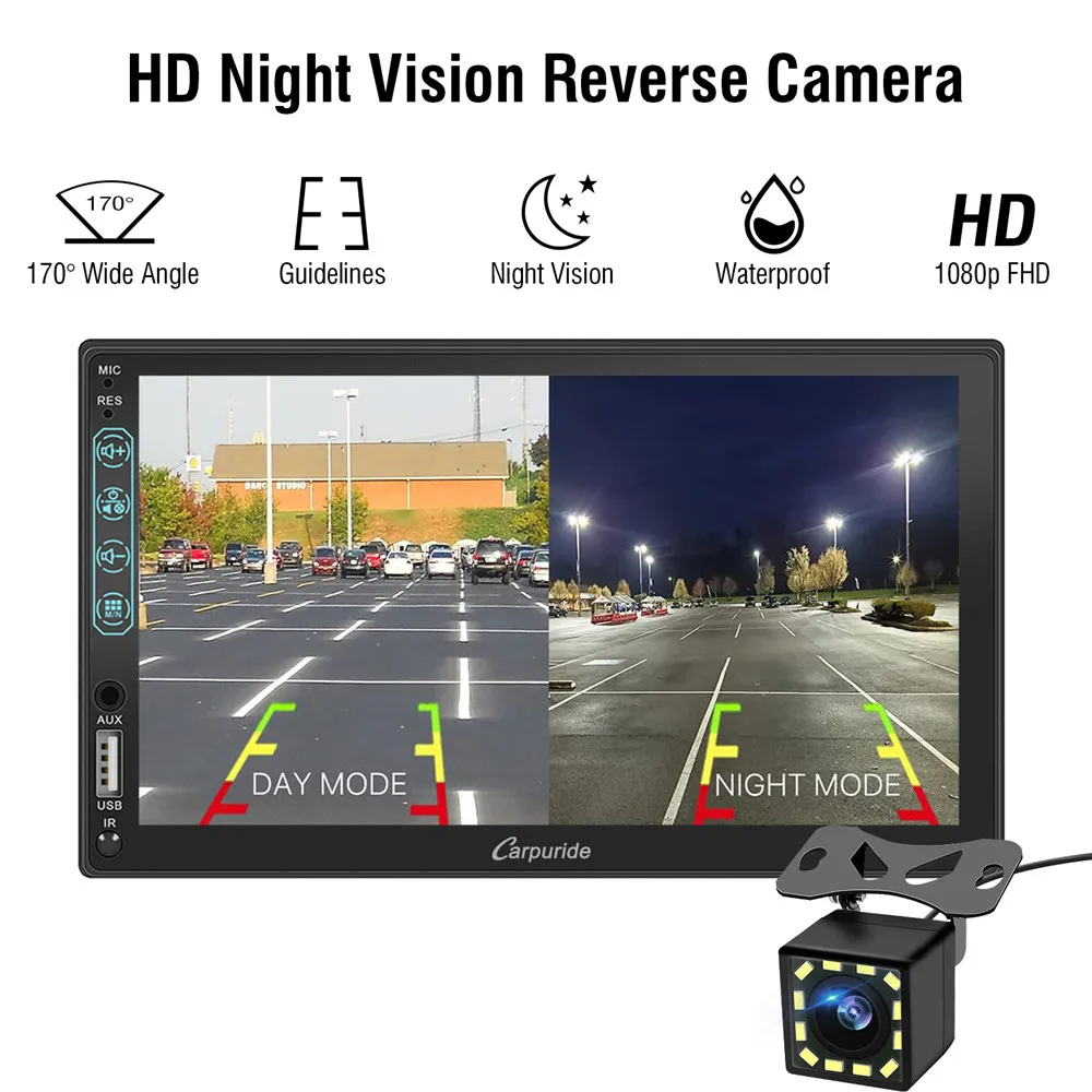 7 Inch with waterproof 1080p Back camera Double Din Car Stereo Carplay and Android Auto Touch Screen Car Audio Receiver MP5