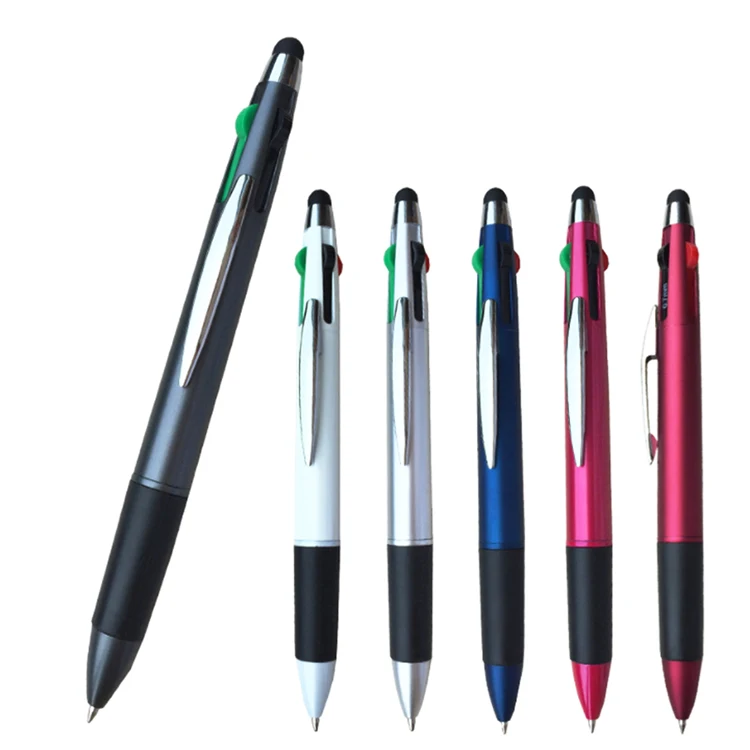 4 ink colors pen in 1 multi-color plastic pen soft silicone stylus ballpoint pen