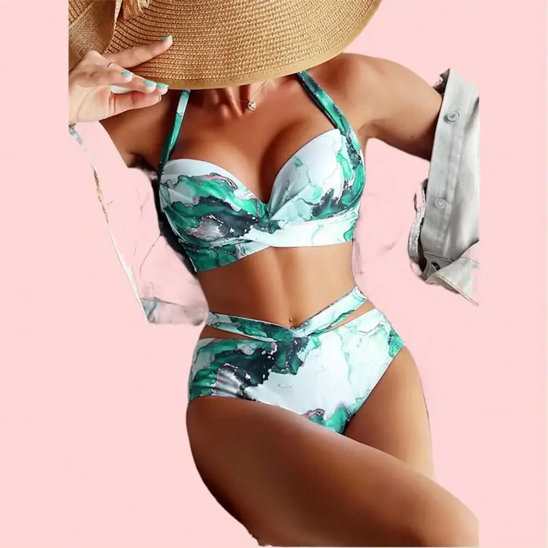 High Waist Thong Bikini Set For Women Daily Use Swimsuit Bodysuit with Pattern Made Swimwear Beach Bathing Suits