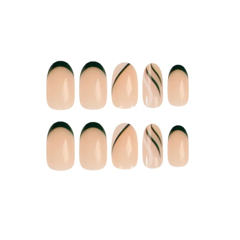 24pcs Short Almond Fake Nails Reusable Jelly Glue Set French Designed Round Press On Nails