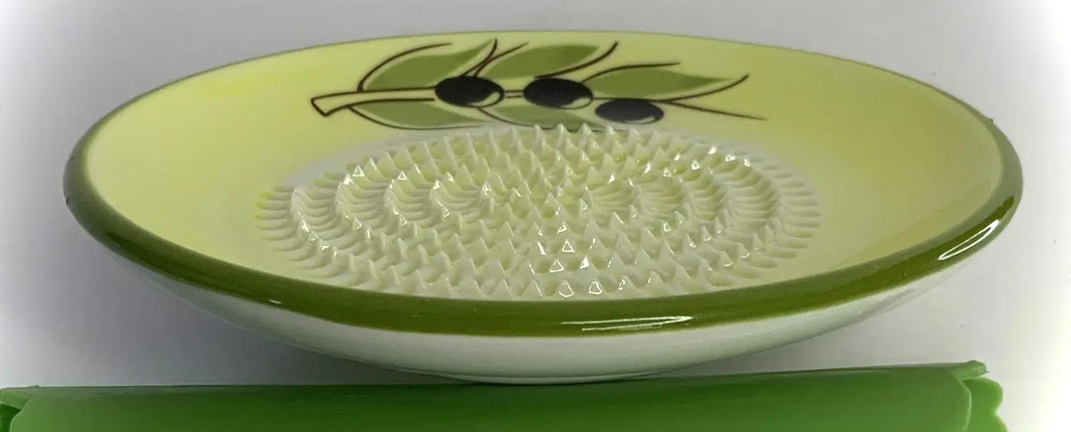 Ceramic Garlic Grater Hand Made, Olive Design Grater Plate with Garlic Peeler