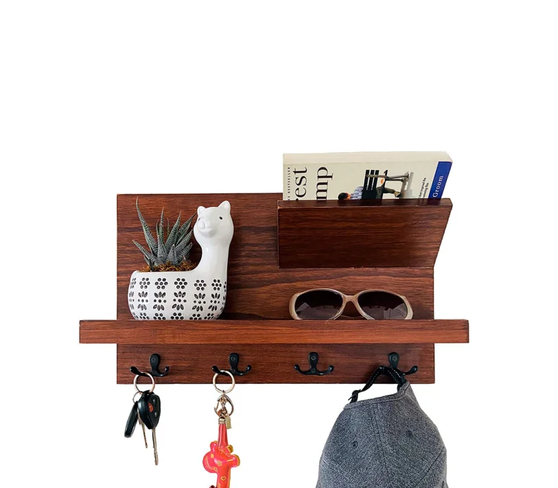 Wall Mounted Hanging Solid Wood Wooden Mail  Key Holder Storage Rack Shelf