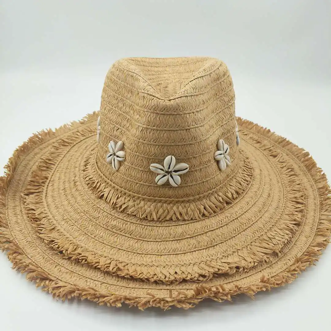 
hats for women paper straw cap with golden silk and natural shell decoration 