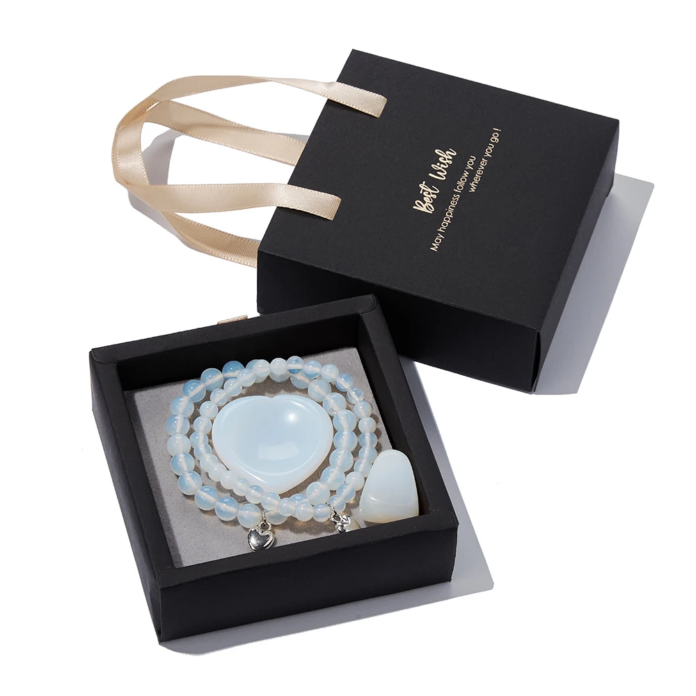 Hot Sale Gemstone Set Yoga Meditation Reiki 6mm 8mm Opalite Crystal Bead Bracelets Heart Love Worry Stone Set with Gifts Box Bag