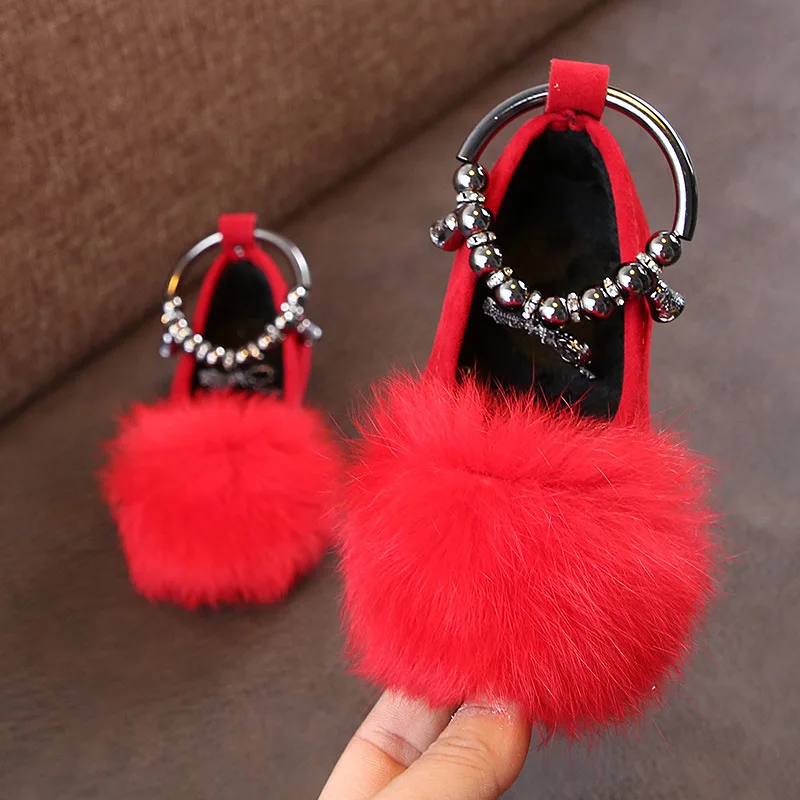 Original Factory Cheap Anti-slip Girls Princess Flock Fluffy Bowknot Shoes Student Single fur Princess Shoes
