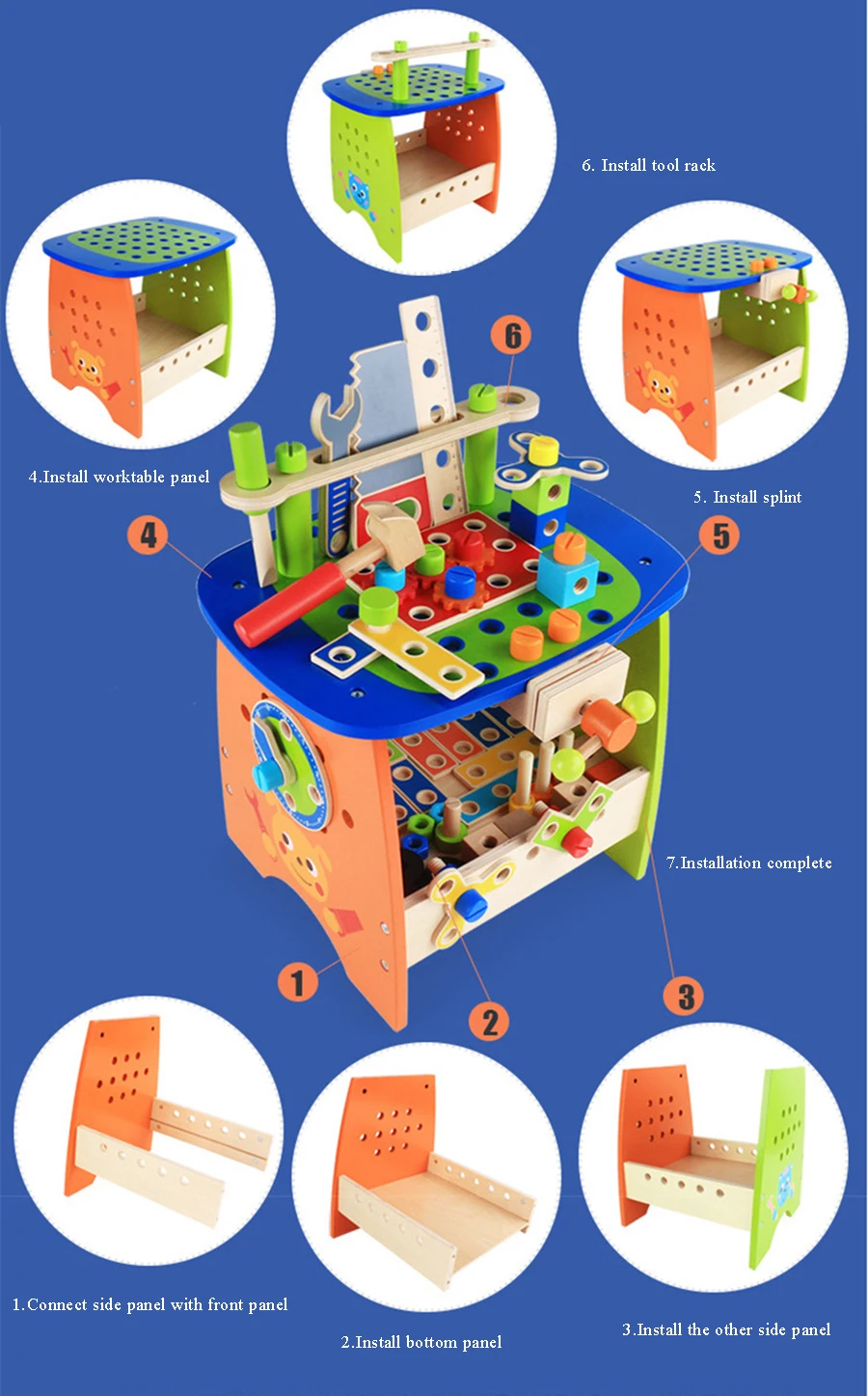 BunnyHi YZ002 Wooden Tool Workbench Toy Play Creative Building Set Wooden Tool Kit Wooden Construction Toy for Kids Toddlers