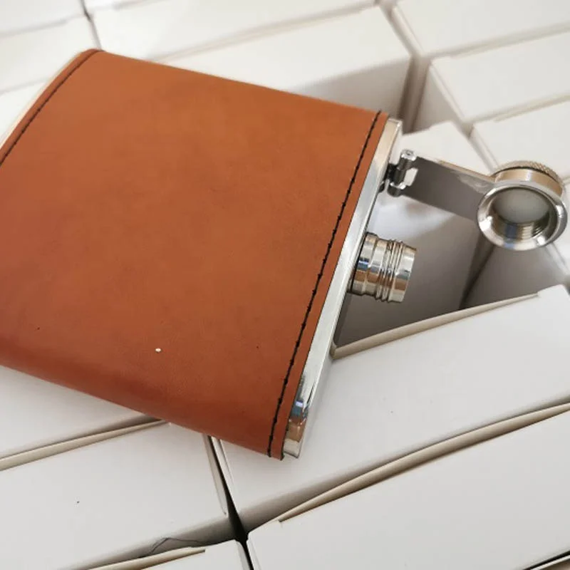 
wholesale hennessy stainless steel 6oz Custom Engraved Brown Leather Hip Flask 