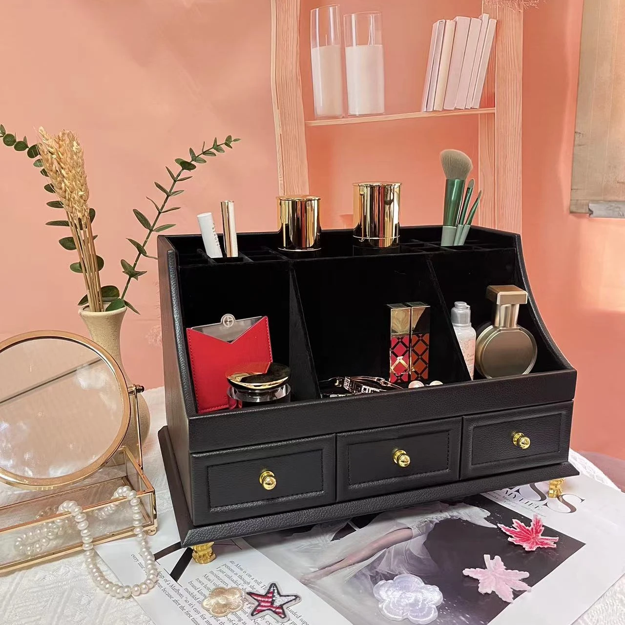 Wholesale Customized PU Leather Cosmetic Organizer Brushes Makeup Lipstick Storage Skin Care Product Organizer