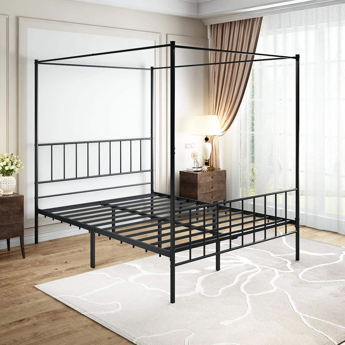 Stable Sturdy Modern Twin Adult Canopy Bed Frame Black Concise Metal Bed