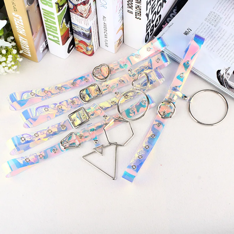 2023 summer new arrival iridescent thin belt customized different metal buckle decoration matched buckle shape PVC belt