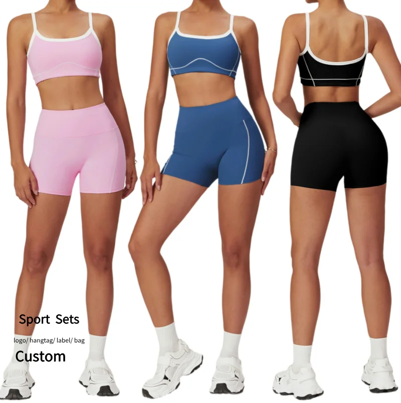 Summer Naked Feel Yoga Suit Bra and Shorts 2 Piece Set Running Biker Fitness Set Woman Sports Sets Active Wear Gym Suit