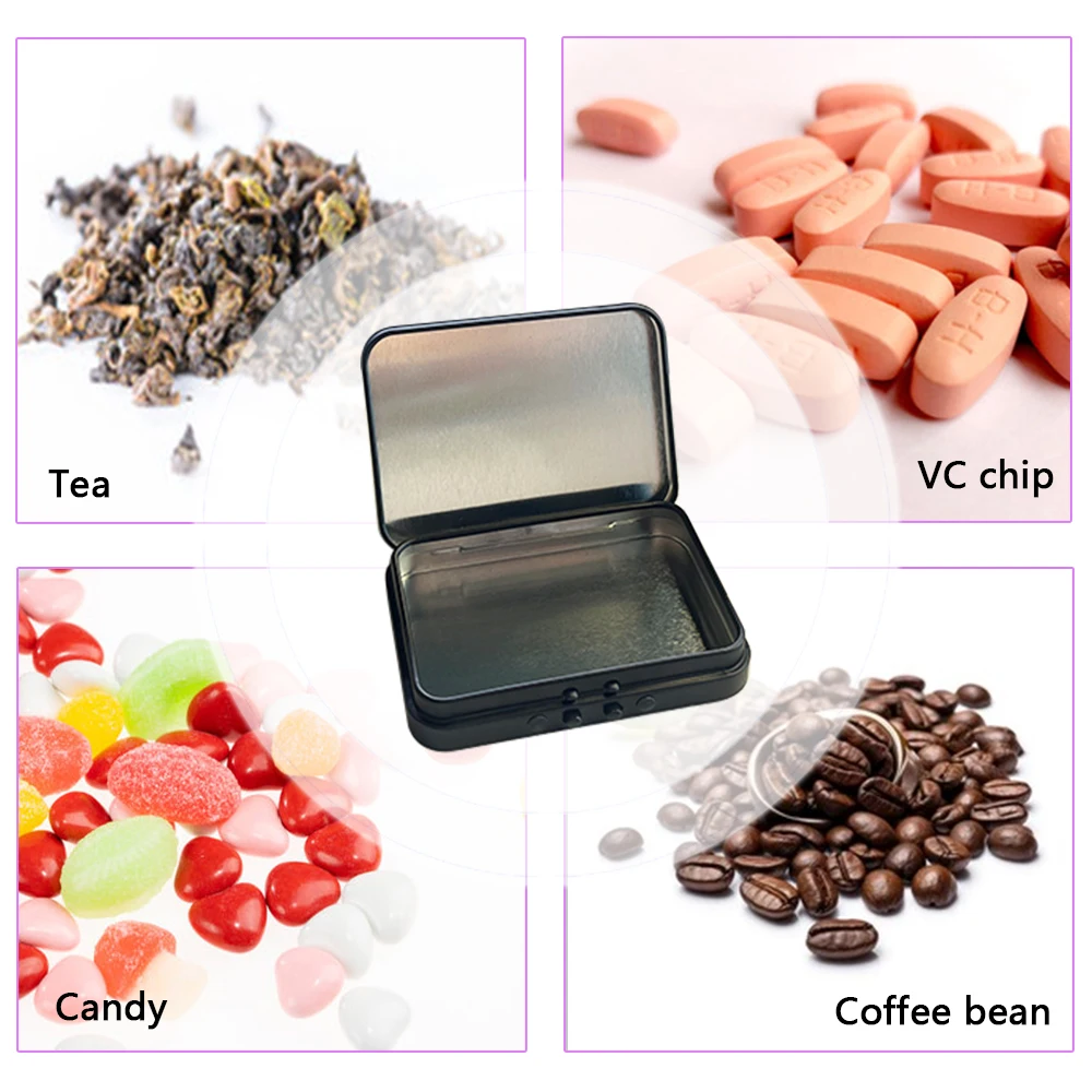 RTS Custom printed small rectangular black hinged lid cigarette/gift/candy/mint packaging storage containers metal tin cans