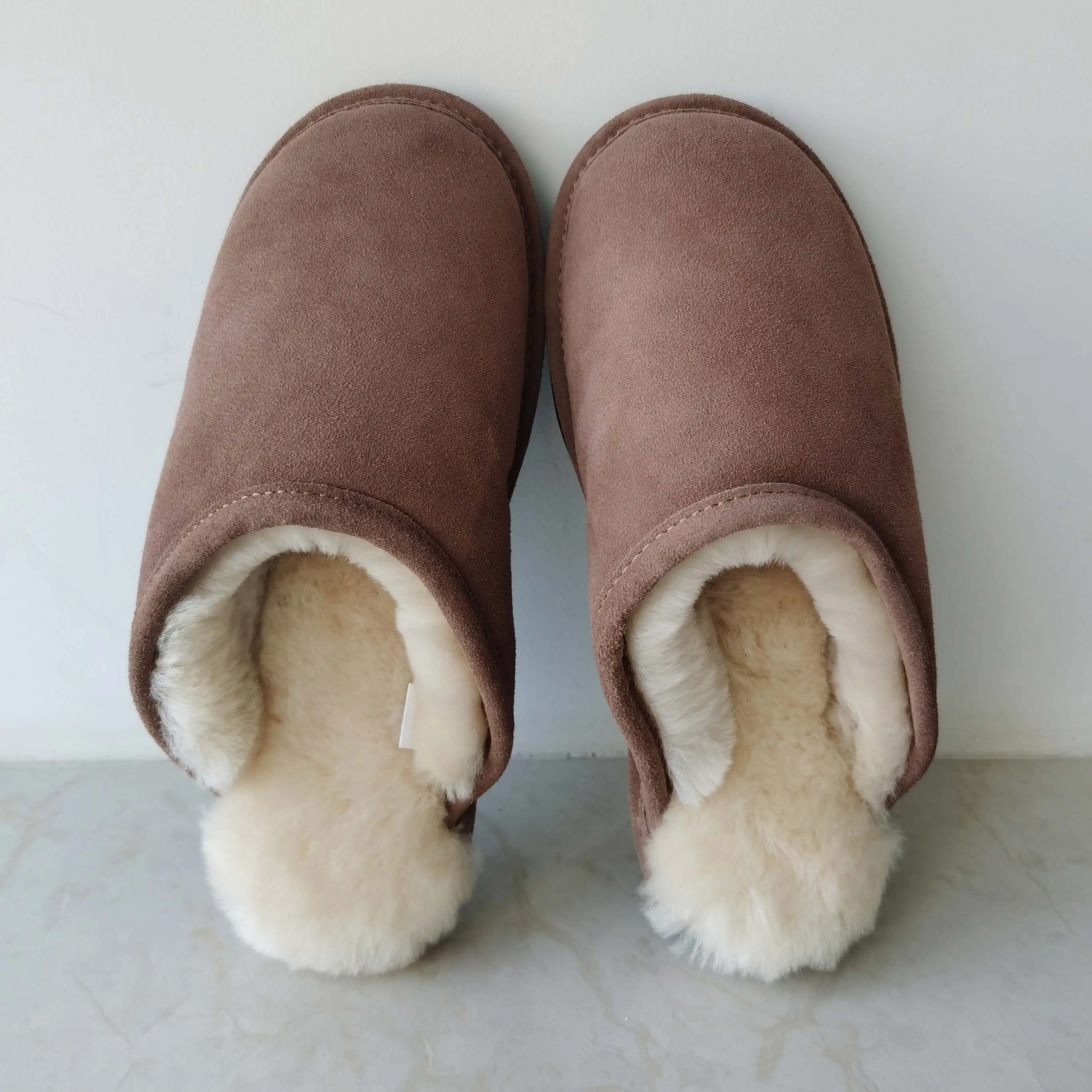 Factory Price Real Shearling Fur Slipper Cow Spilt Leather Sheepskin Fur Slipper Autumn Winter Home Slippers