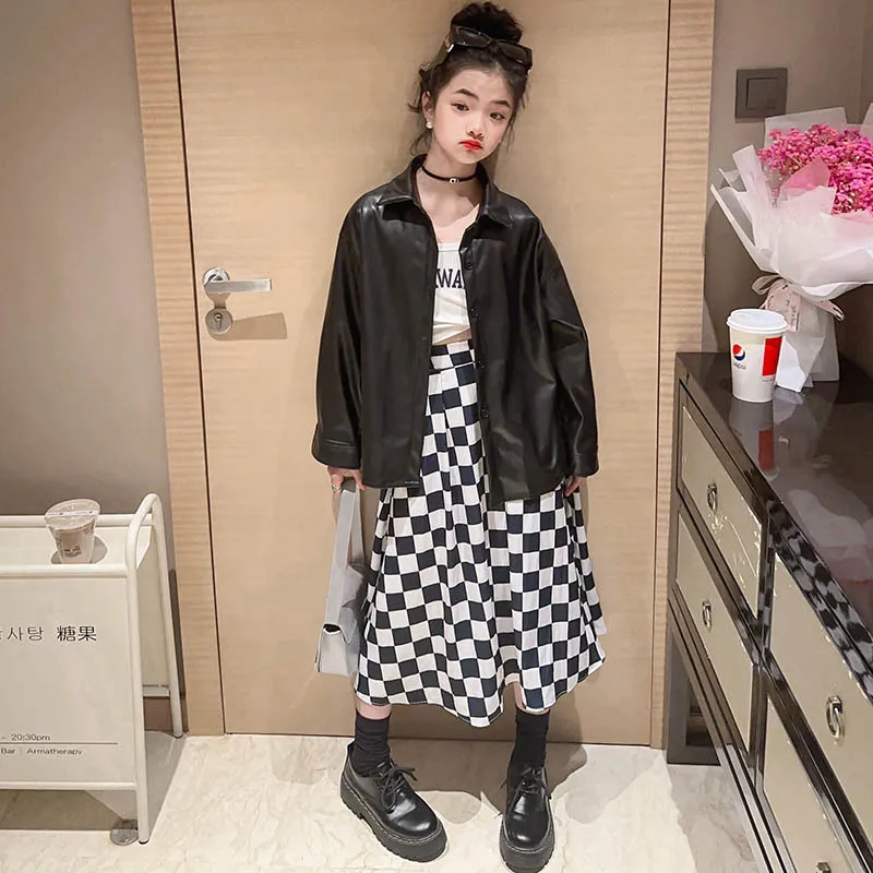2023 New Children Girl White Black Checkerboard Print Long Skirt