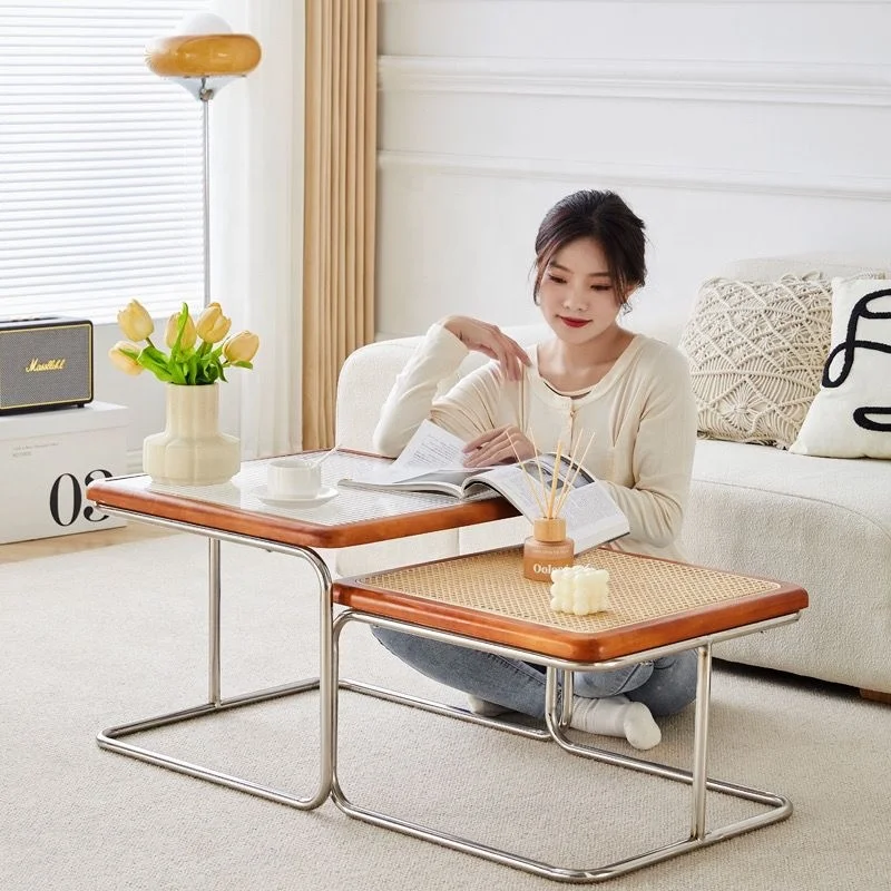 WISEMAX FURNITURE Wholesale living room furniture sofa side table square wood base combine rattan coffee table for home hotel