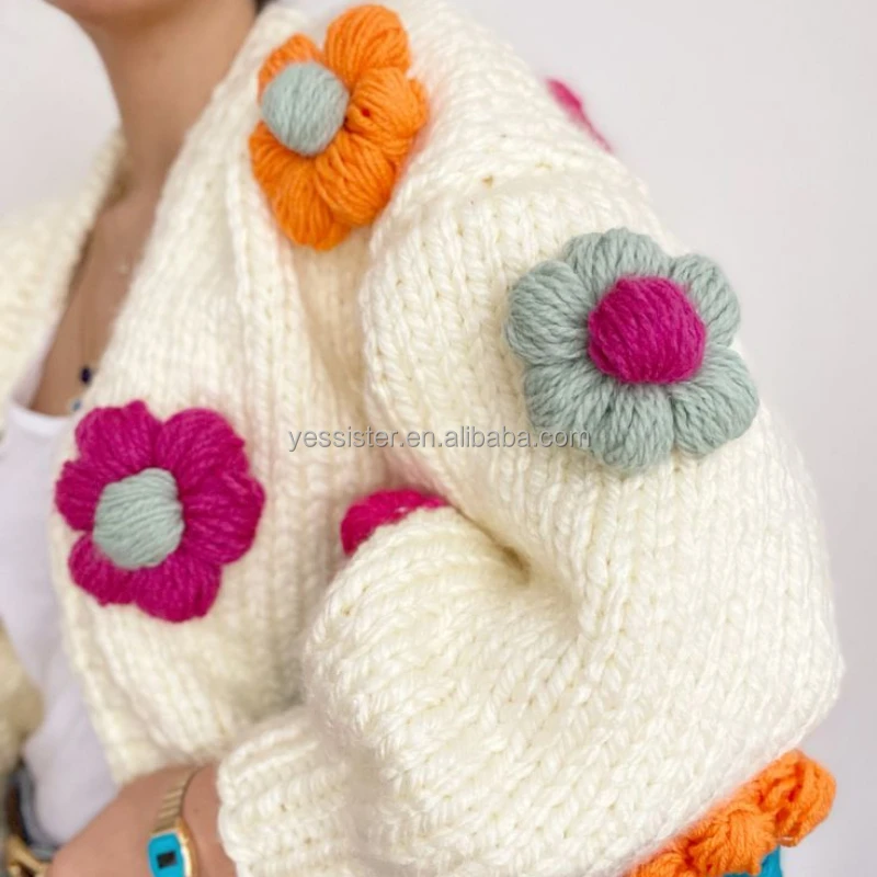 Wholesale Hand Knitted Cardigan Womens Winter Handmade Flower Chunky Sweater Coat Women Lantern Sleeve Sweater Cardigan
