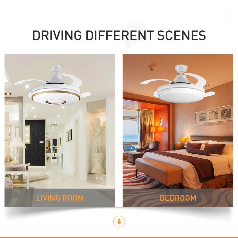 42 Inches 72w Remote Invisible Retractable Fan Lamp Fixture No Noise Ceiling Fan Chandelier With Light