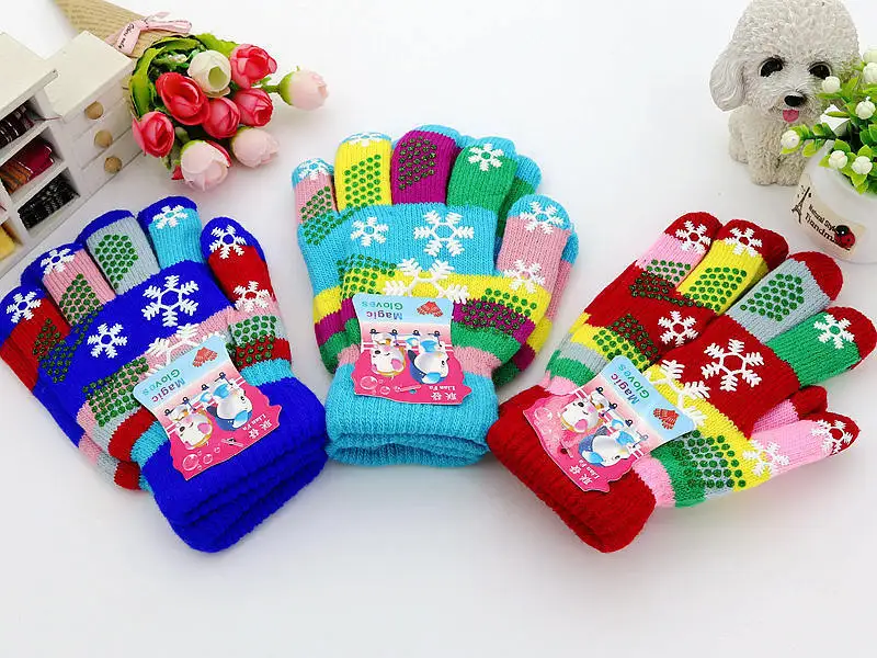 Детские варежки оптом, Детские Зимние теплые жаккардовые перчатки в полоску с пятью пальцами и снежинками для мальчиков и девочек