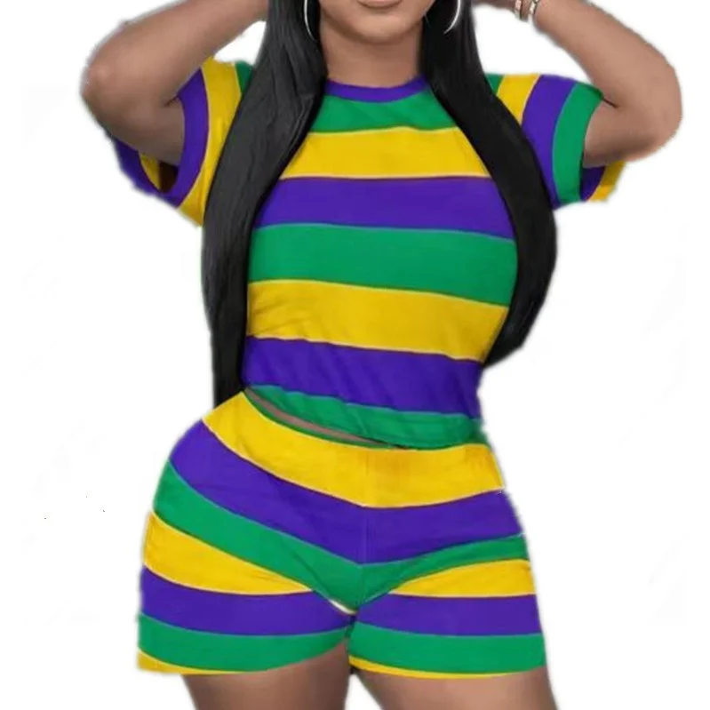 adult sexy mardi gras costume clothes short sleeves t shirts and shorts 2pc set green yellow purple apparel for women
