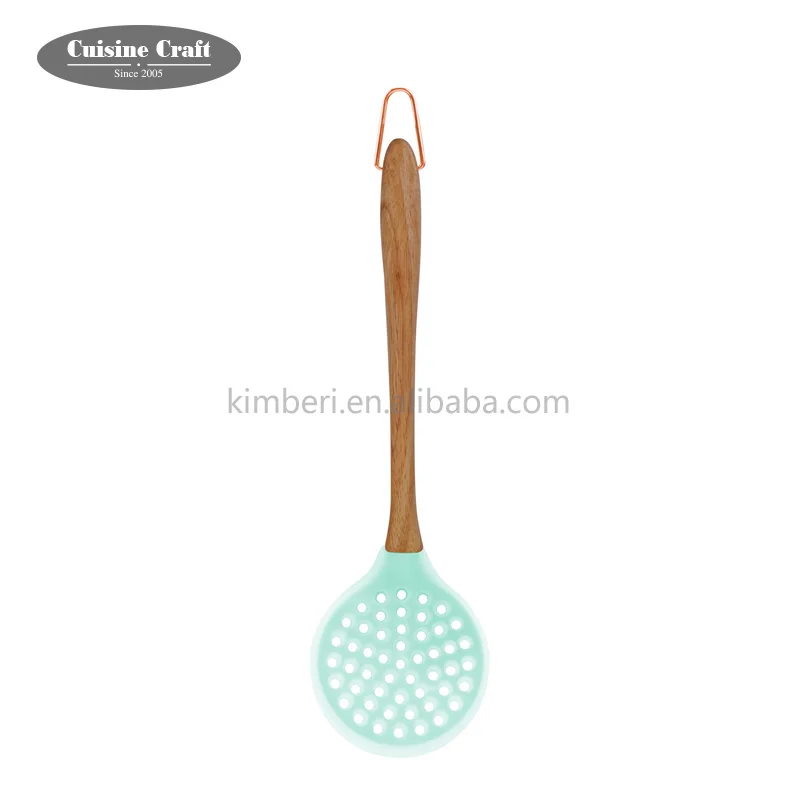 Standard Heat Resistant factory stock item cooking kitchen Silicone skimmer with wooden handle