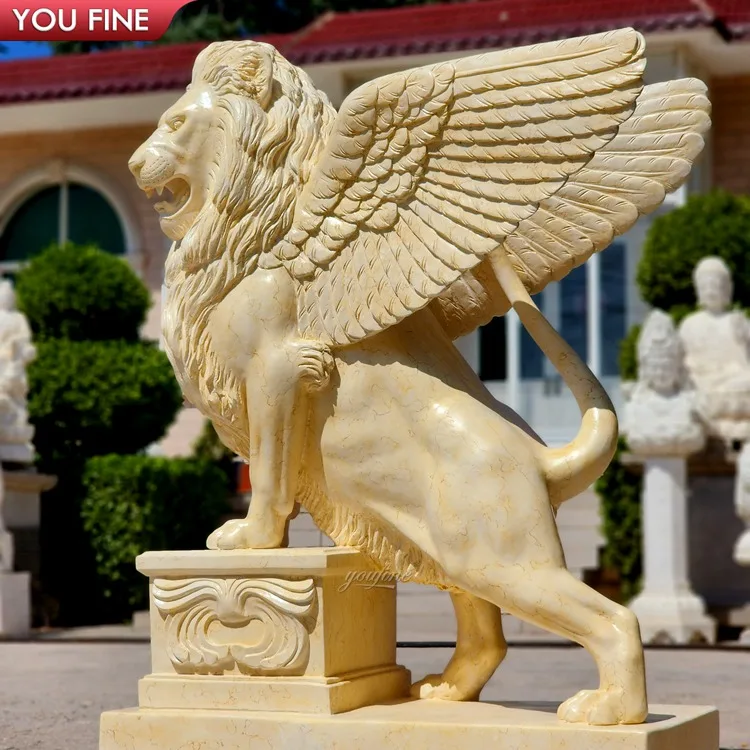 Outdoor Decor Beige Natural Marble Lion Wings Sculpture
