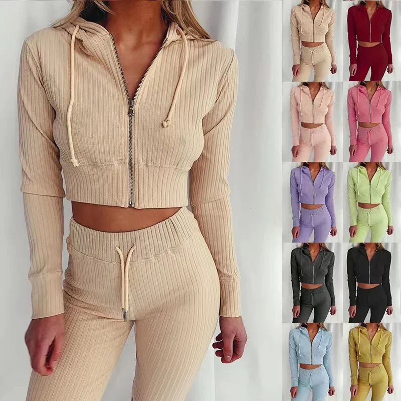 New Solid Color  Long Sleeve Sports Women Suits Autumn Wholesale Tow Piece Casual Women Suit