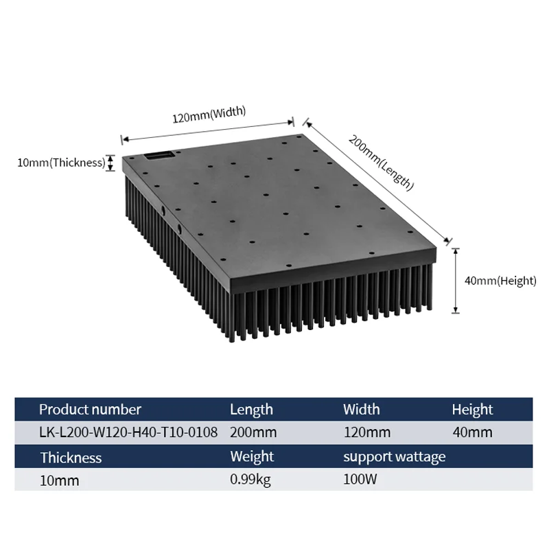 100W Length Width 200*120mm And Height 40mm Black Anodizing rectangle Aluminum Pin Fin Led Bar Heatsink 200mm